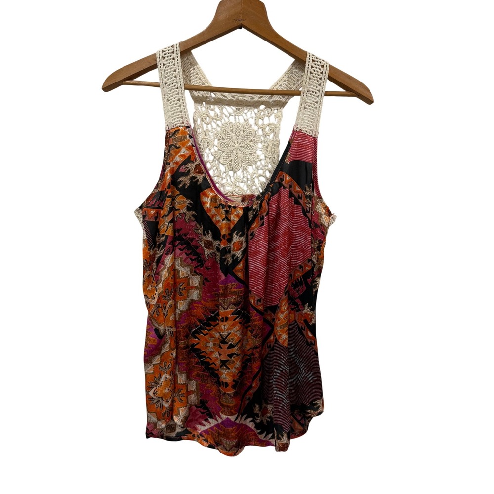 Daytrip Women Orange Pink Tribal Geometric Crochet Lace Racerback Tank Top S